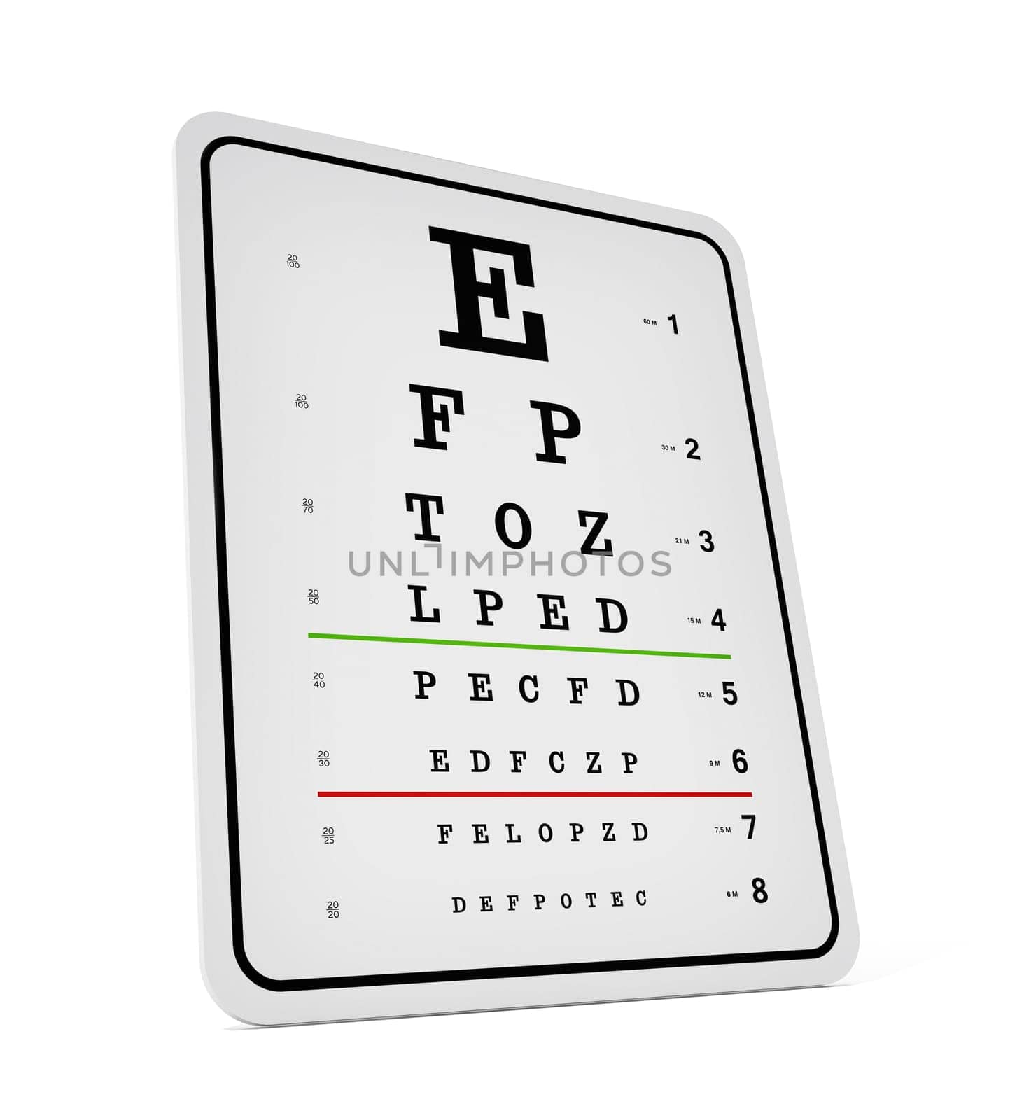 Eye test chart isolated on white background. 3D illustration.