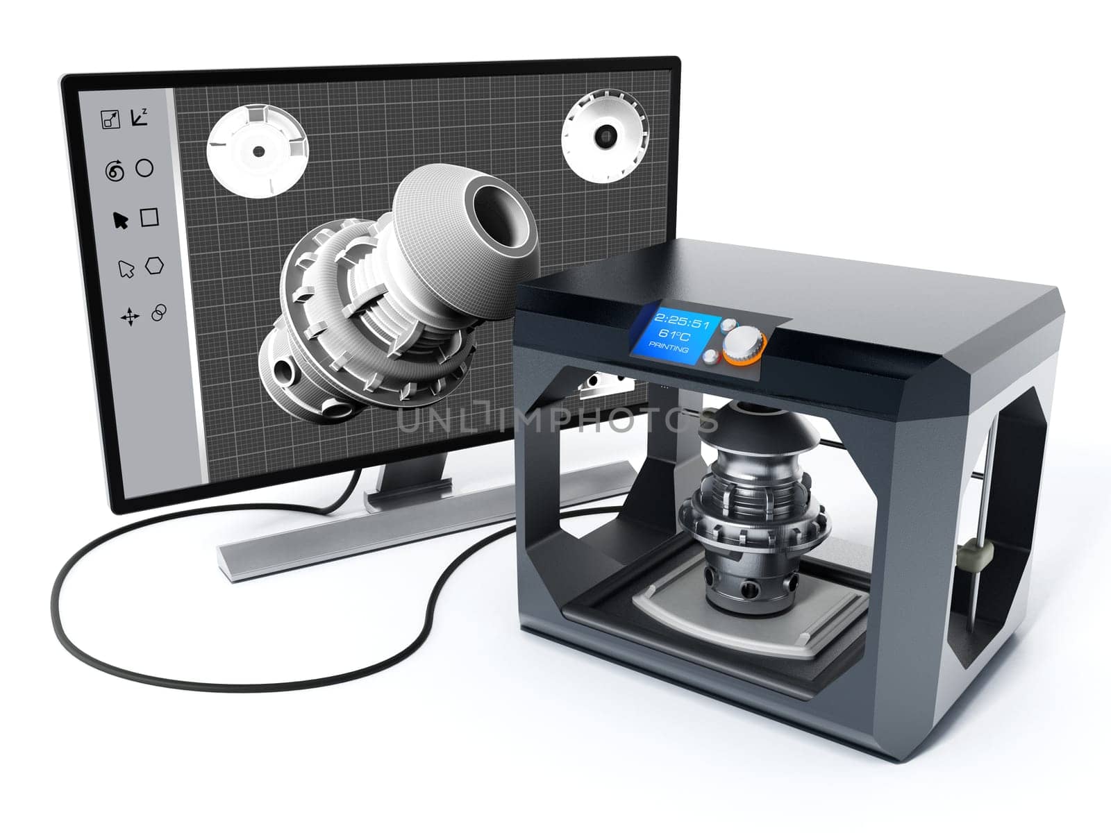 3D product design software and 3D printer. 3D illustration.