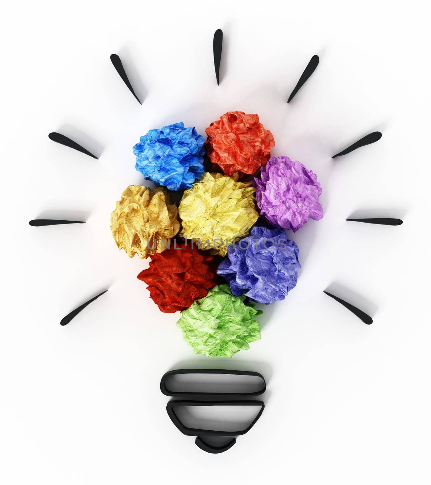 Colorful crumpled papers forming lightbulb shape. 3D illustration.