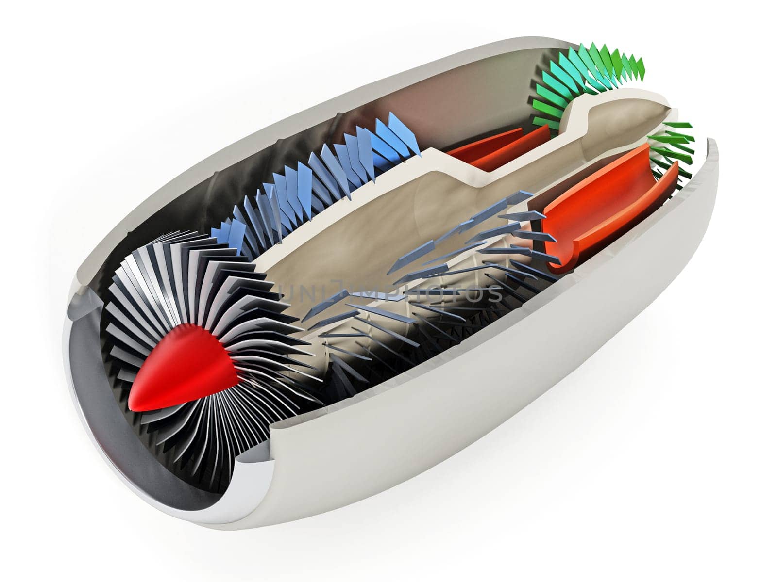 Jet engine cross section showing details 3D illustration.