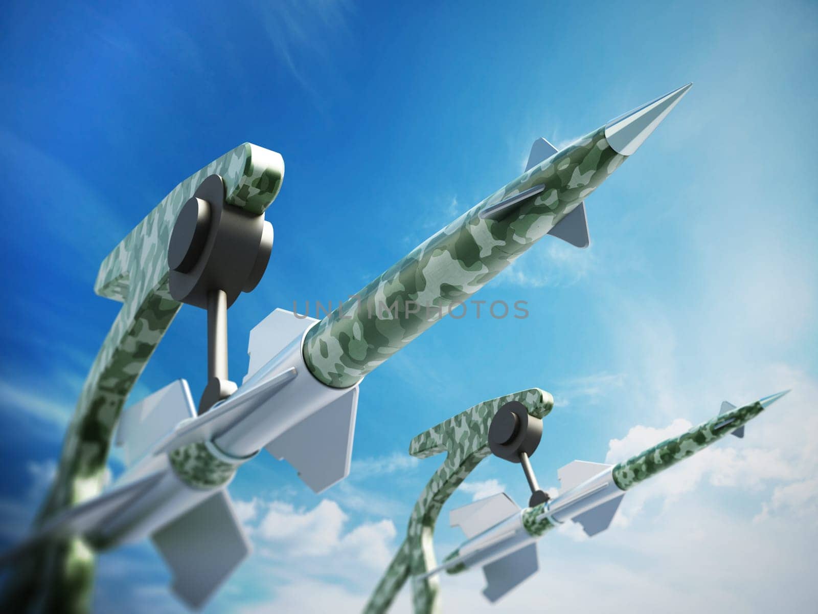 Green missiles aimed for the sky. 3D illustration.