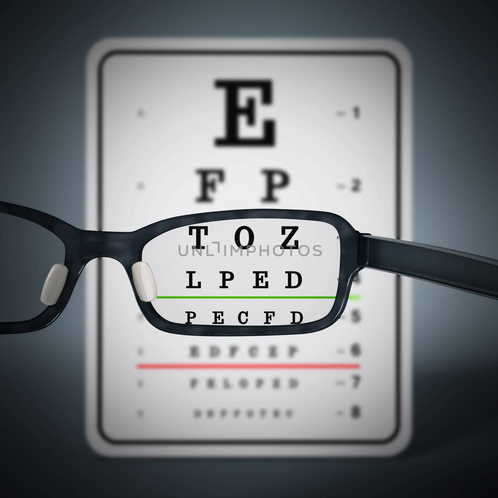 Eye test chart and eyeglasses. 3D illustration.