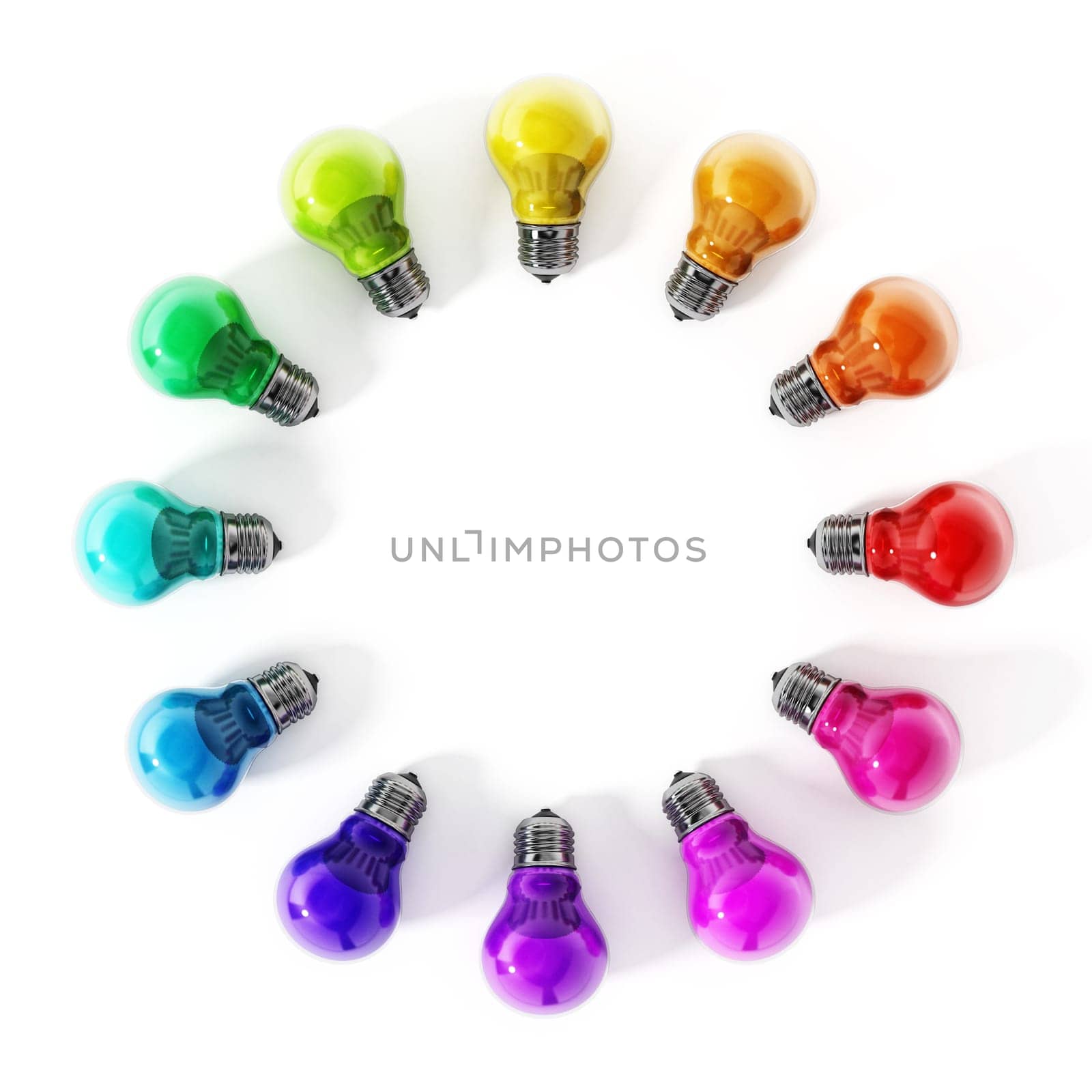 Multi colored lightbulbs in circle formation. 3D illustration.