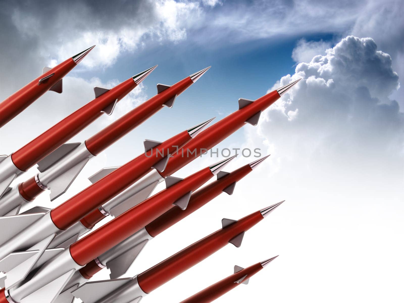 Red missiles aimed for the sky. 3D illustration.