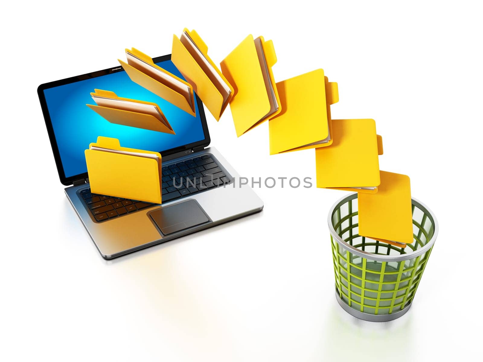 Folders moving from the notebook computer to trash bin. 3D illustration.