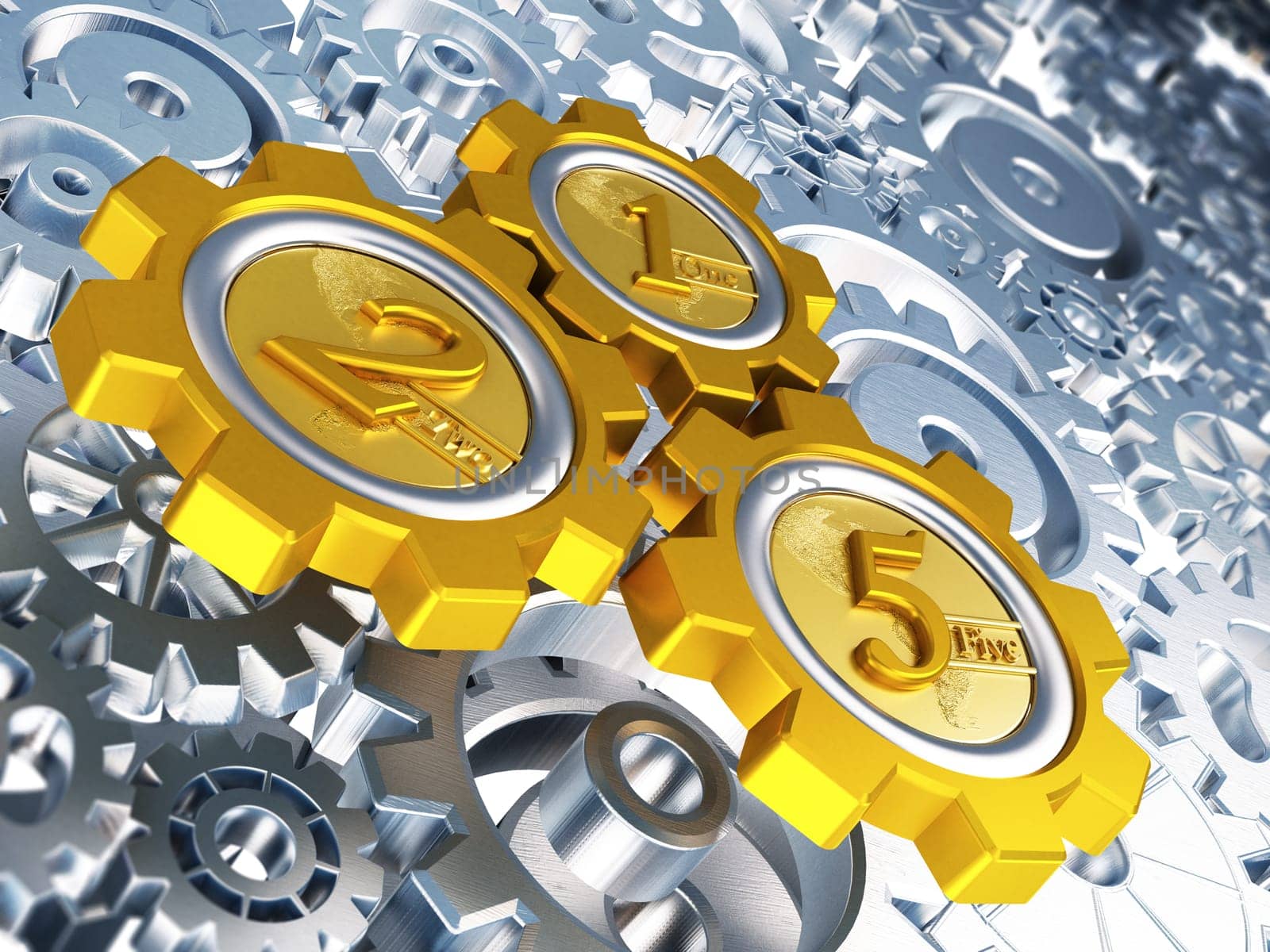 Wheel shaped gold coins with numbers 1, 2 and 5 in motion. 3D illustration.
