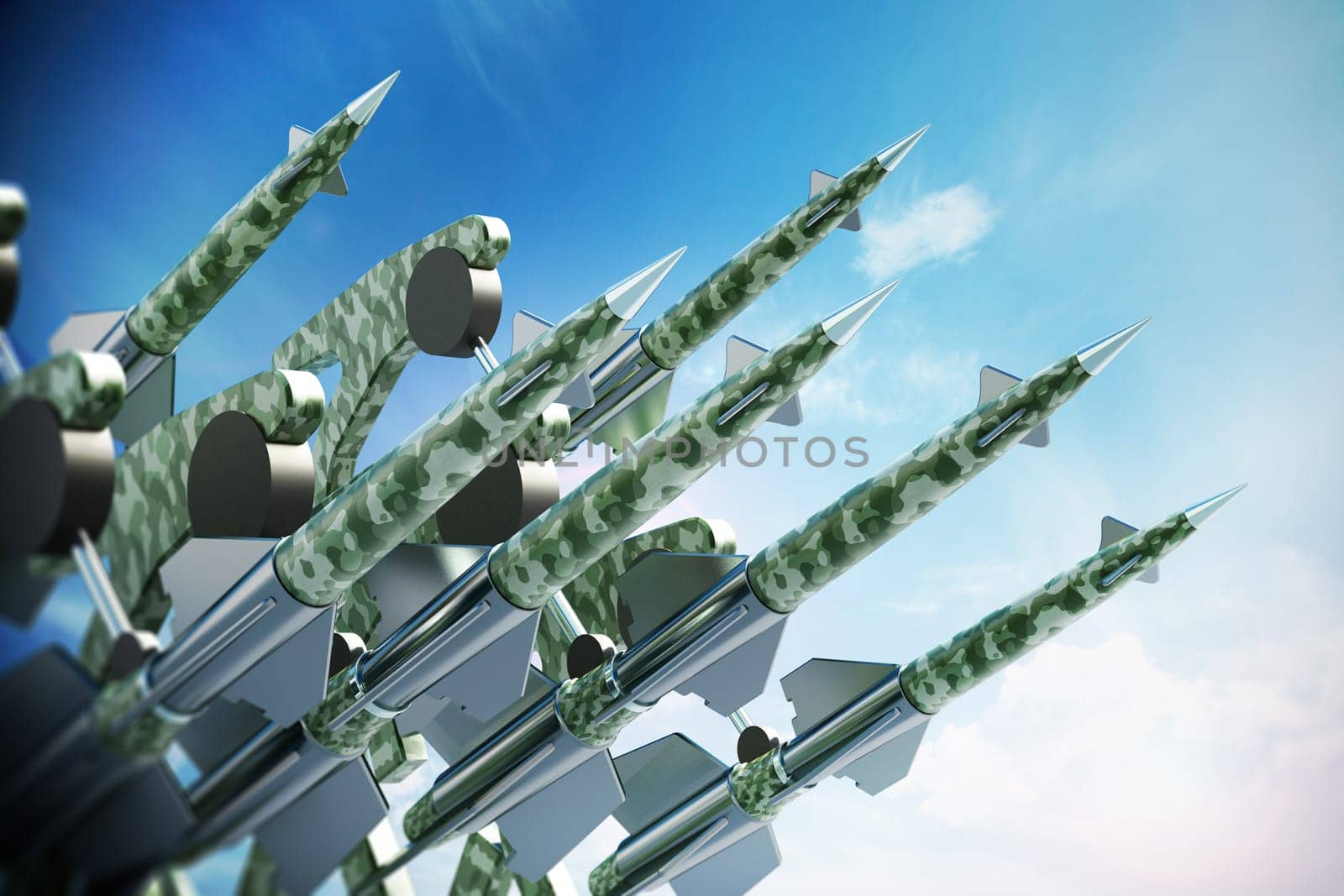 Green missiles aimed for the sky. 3D illustration.
