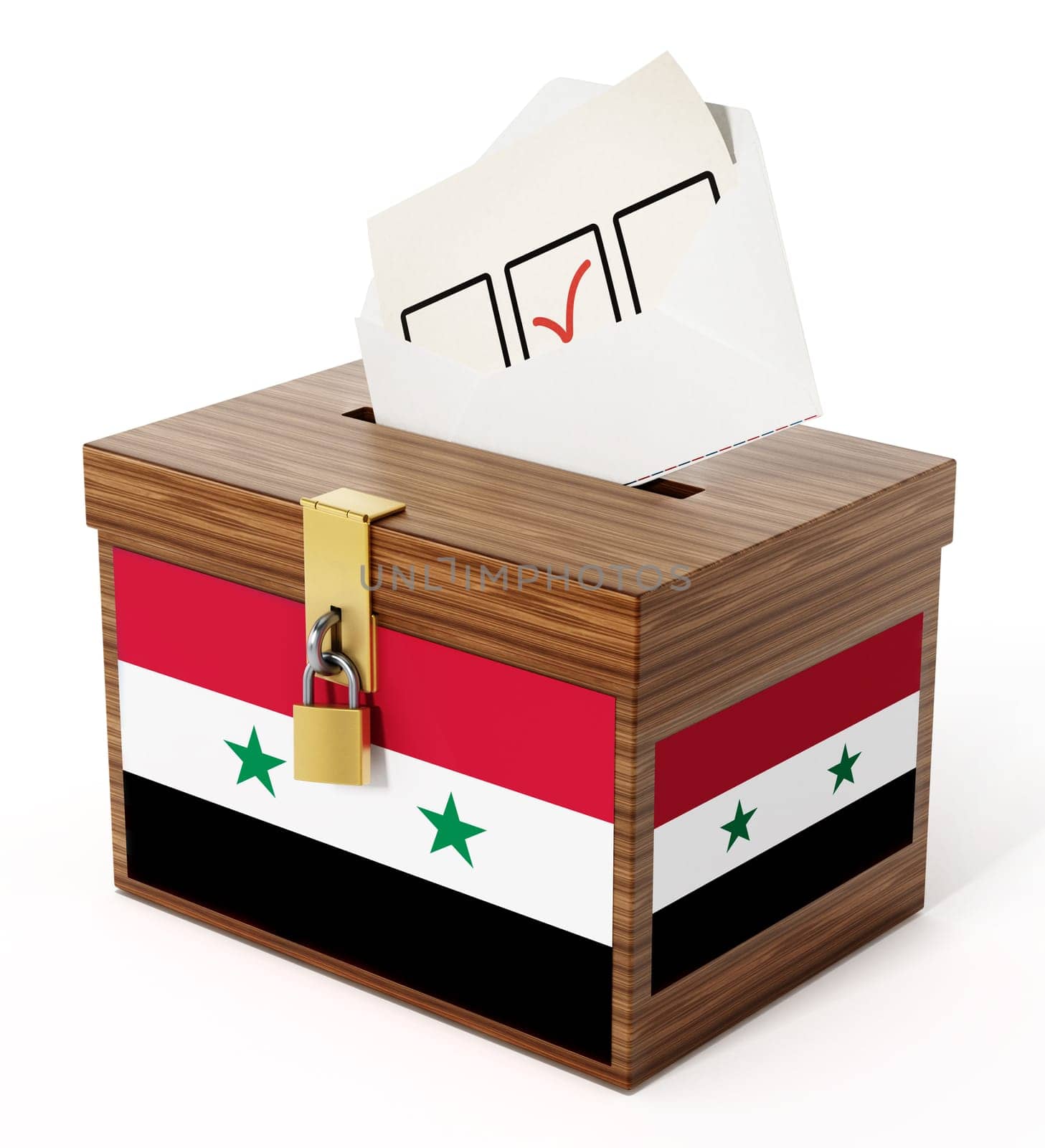 Syrian flag textured ballot box and enveloppe. 3D illustration.
