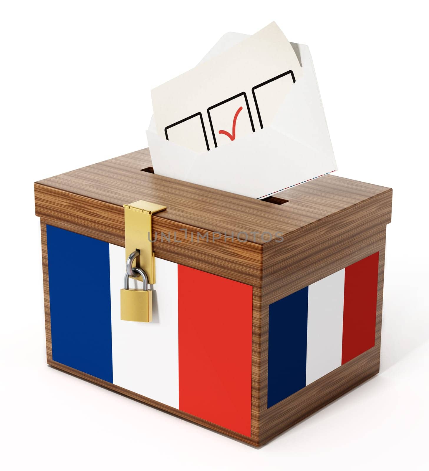 French flag textured ballot box and enveloppe. 3D illustration.
