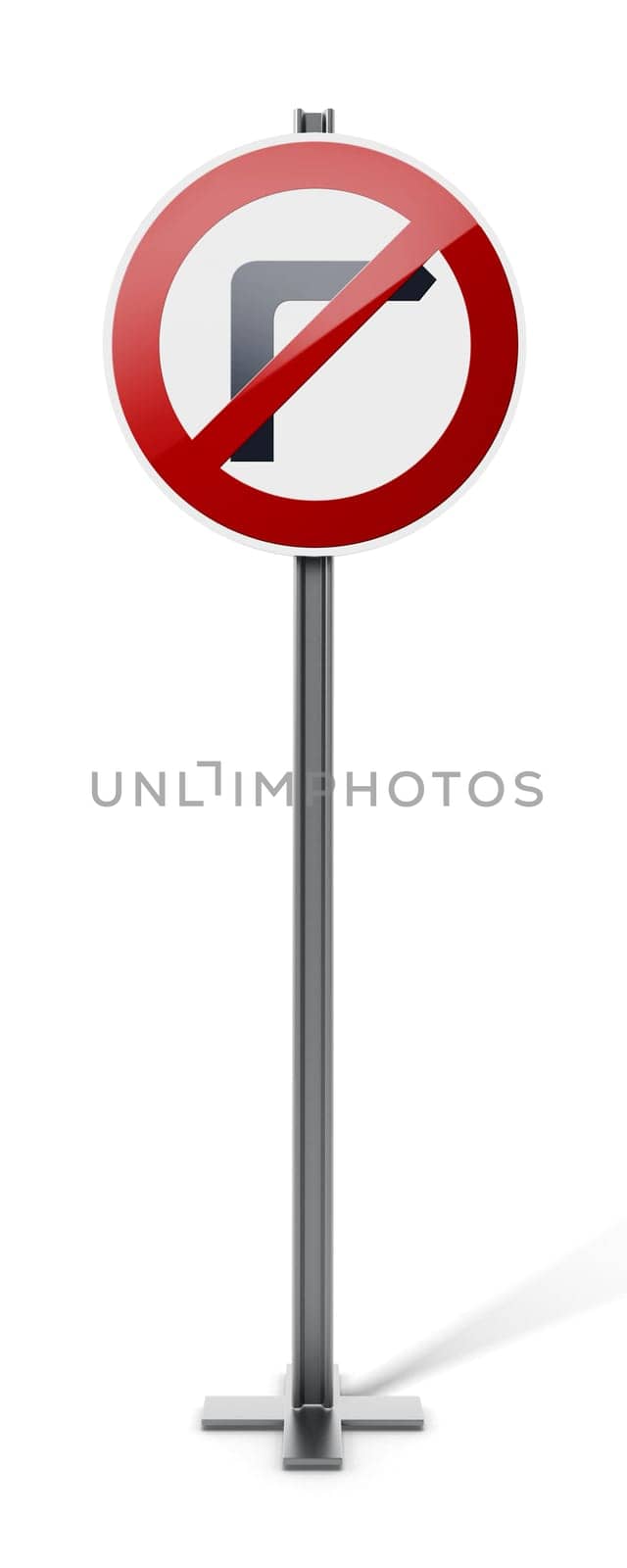 No right turn traffic sign isolated on white background. 3D illustration.