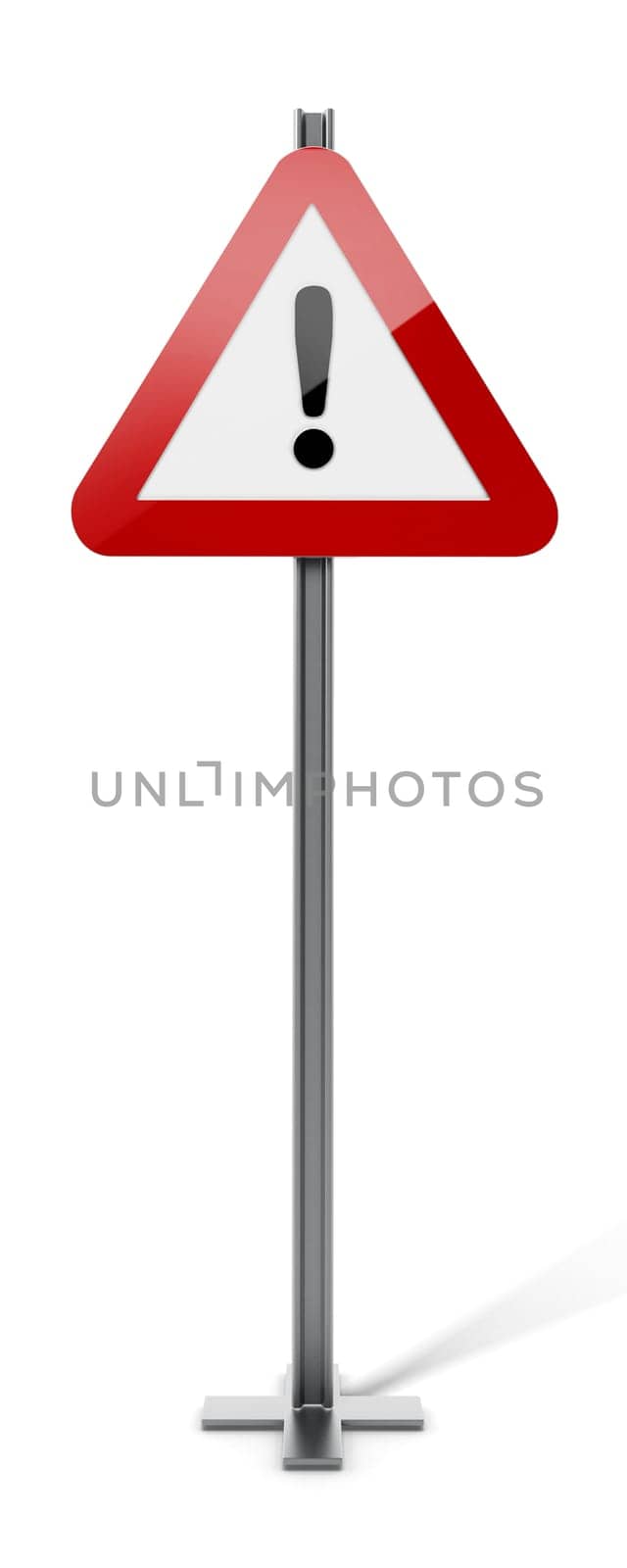 Triangle traffic sign with exclamation mark isolated on white background. 3D illustration.
