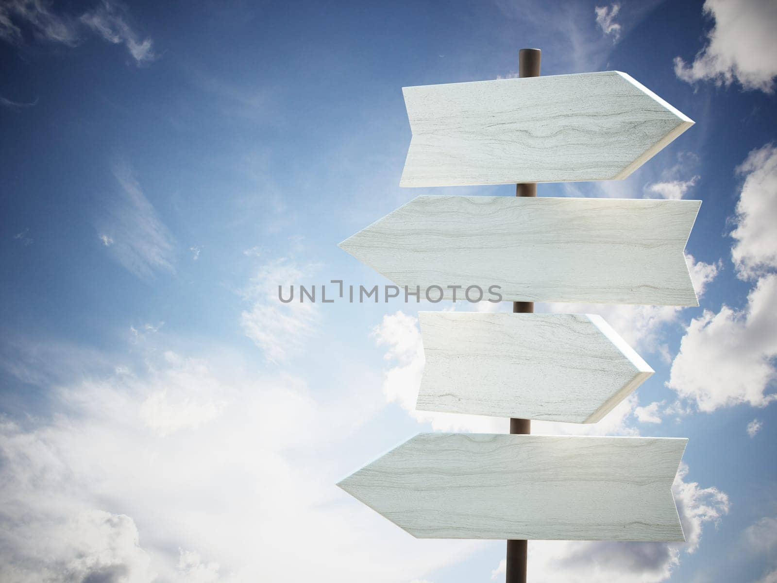 Signboard with blank arrows against sky background. 3D illustration.