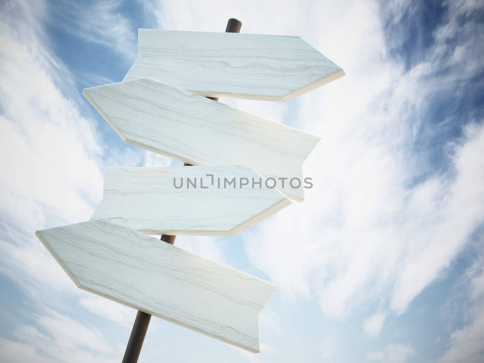 Signboard with blank arrows against sky background. 3D illustration.