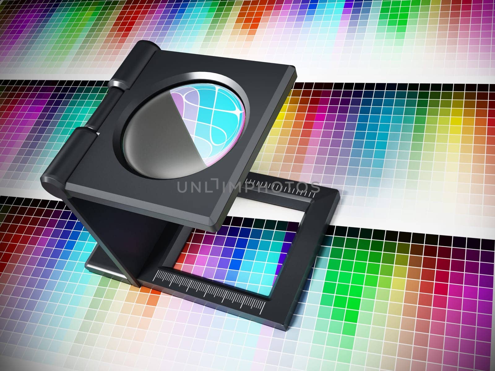 Printing loupe on color chart. 3D illustration.