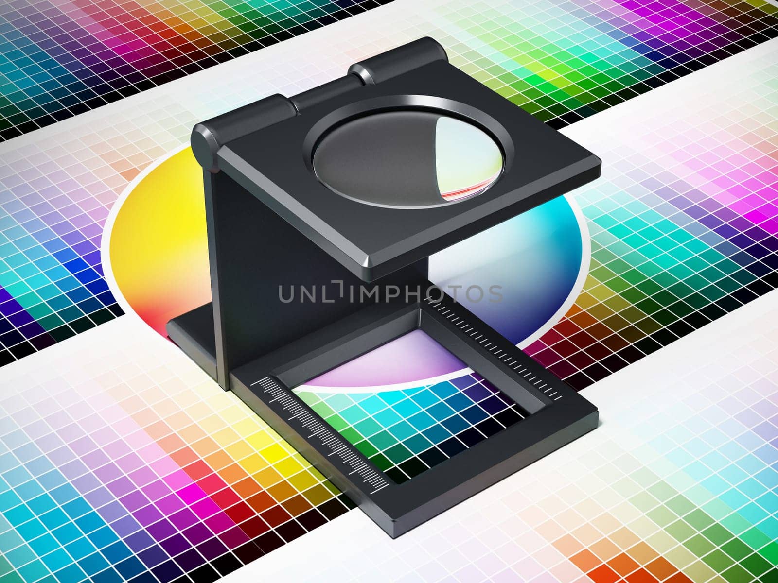 Printing loupe on color chart. 3D illustration.