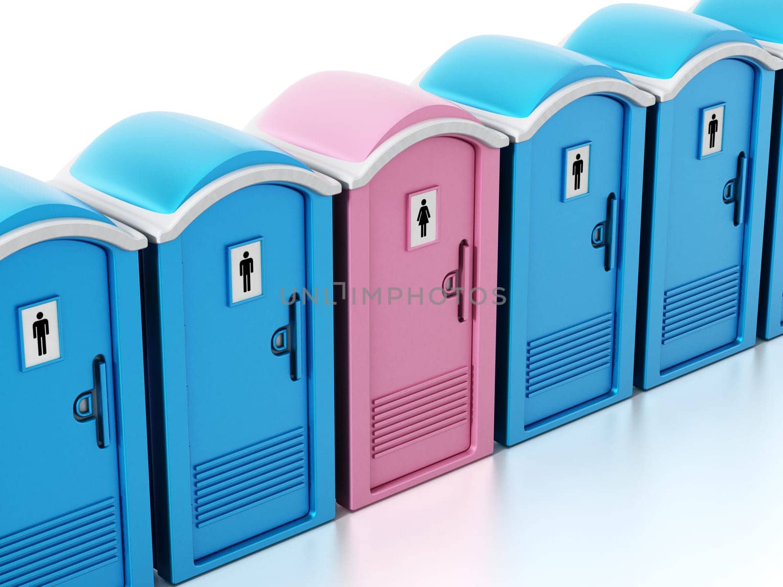 Portable blue men and pink women WCs. 3D illustration.