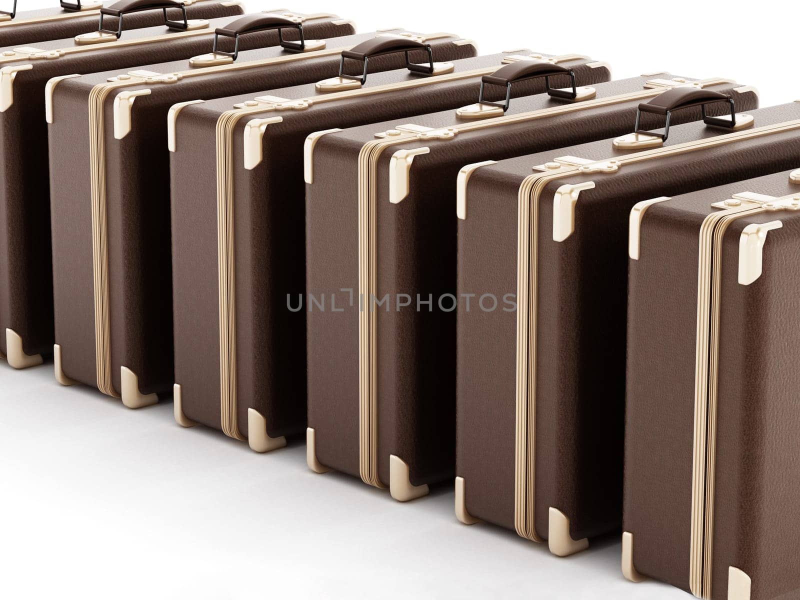 Suitcases in a row isolated on white background. 3D illustration.