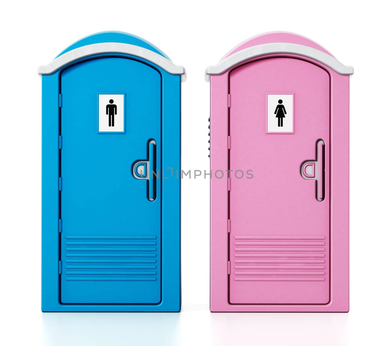 Portable blue men and pink women WCs. 3D illustration.
