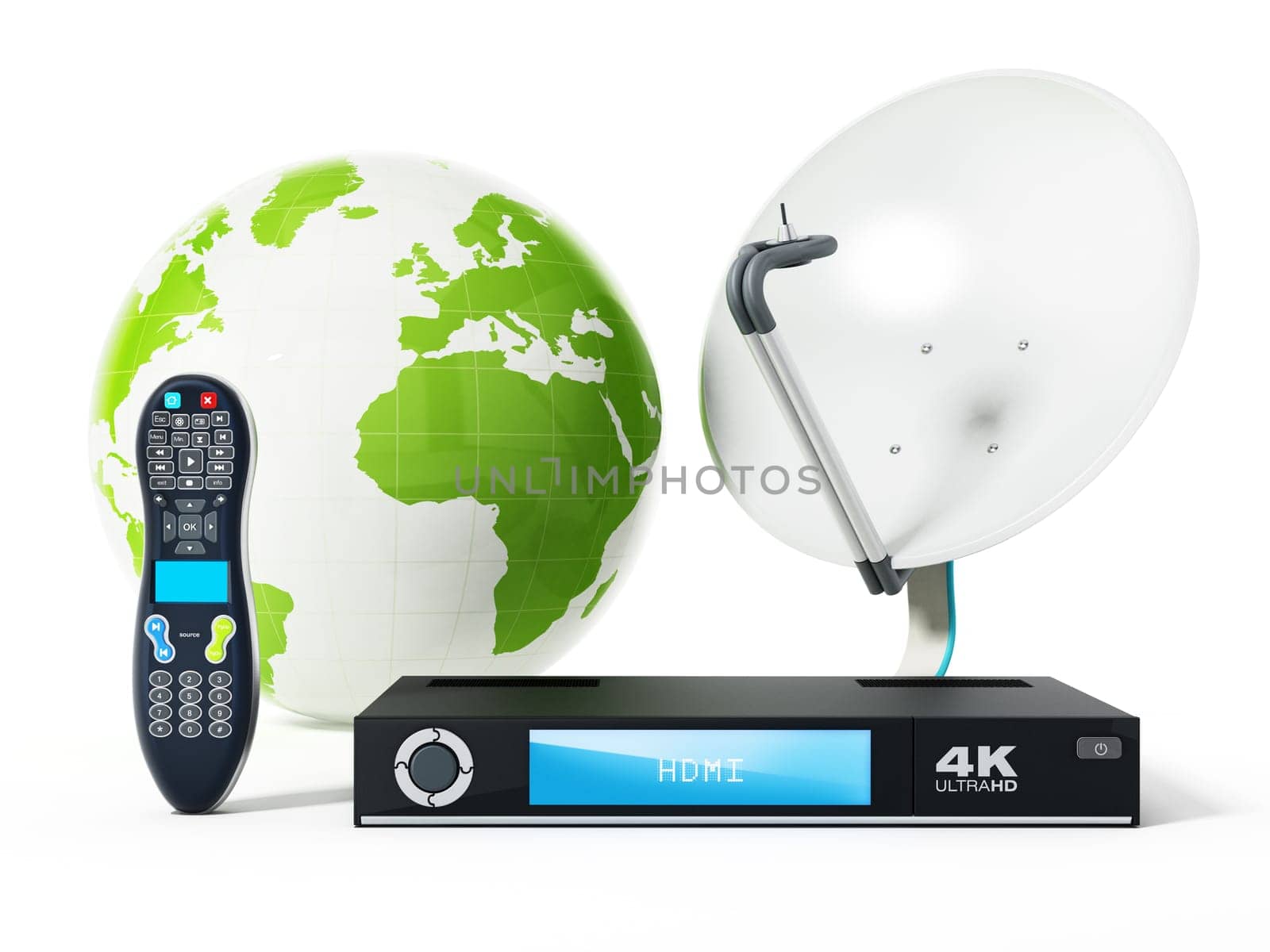 Satellite dish, 4K ultra HD receiver, remote controller with green globe. 3D illustration.