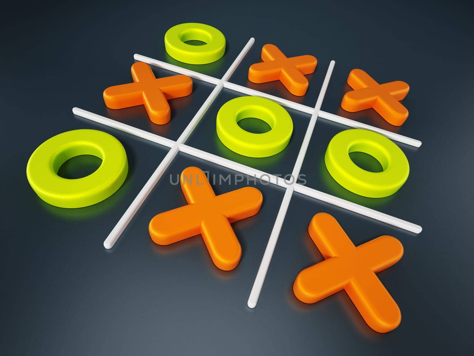 Tic tac toe game isolated on black background. 3D illustration.