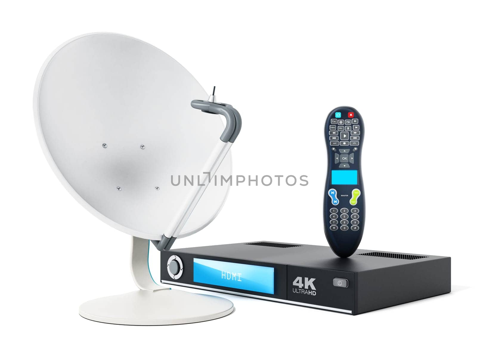 Satellite dish, 4K ultra HD receiver, remote controller isolated on white background. 3D illustration.