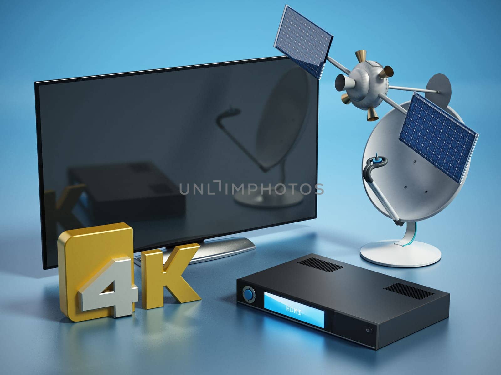 Satellite, dish, 4K ultra HD receiver and TV isolated on white background. 3D illustration.