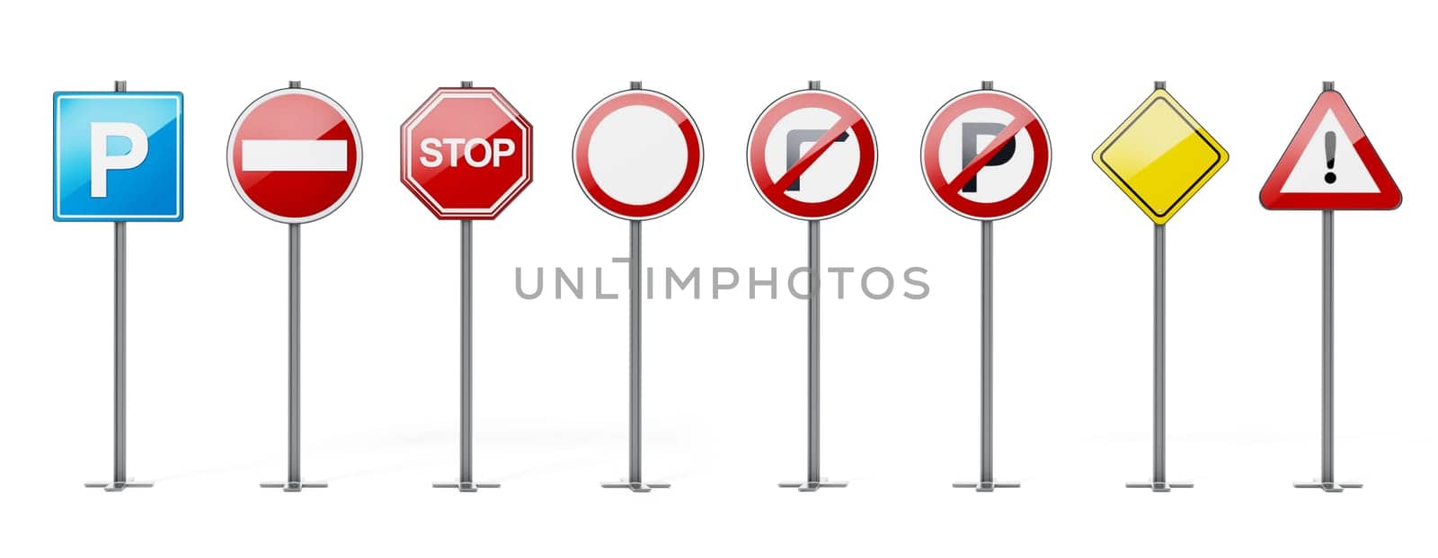 Traffic signs isolated on white background. 3D illustration.