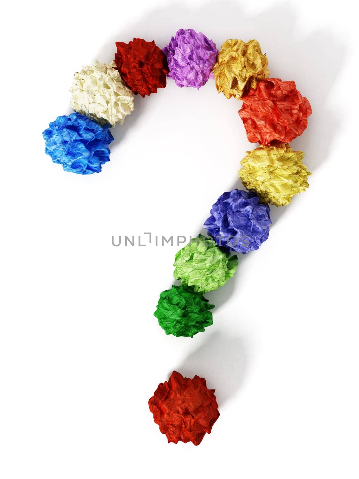 Colorful crumpled papers forming question mark. 3D illustration.
