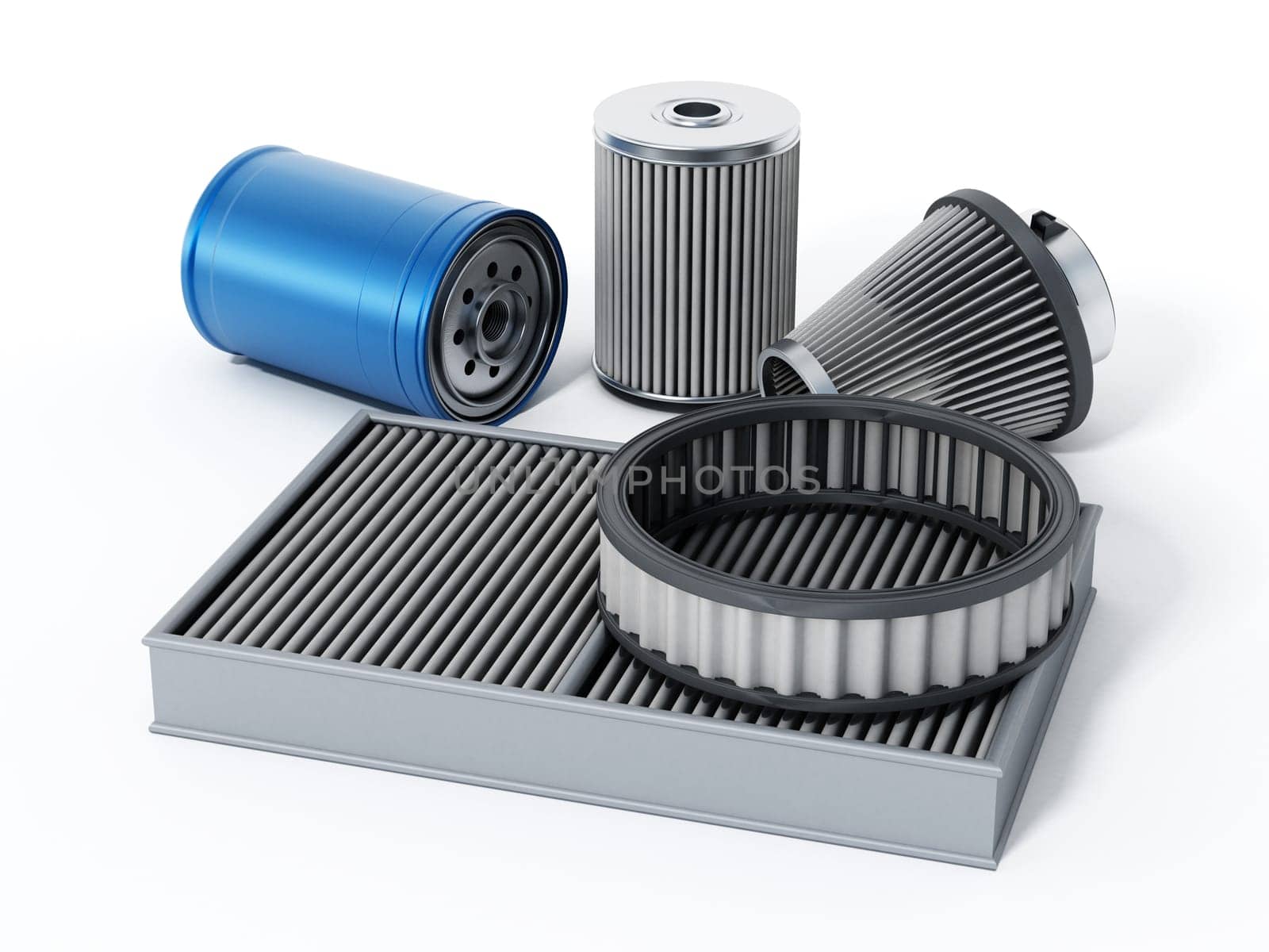 Car spare oil and air filters. 3D illustration.