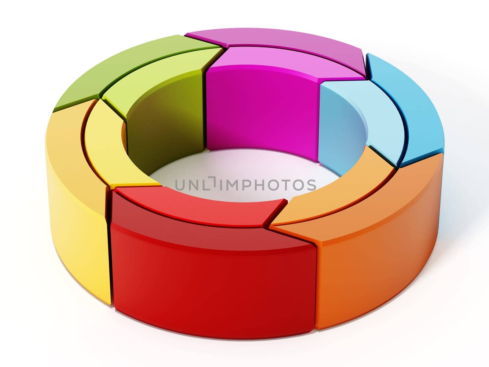Rotating multi colored arrows forming a circle. 3D illustration.