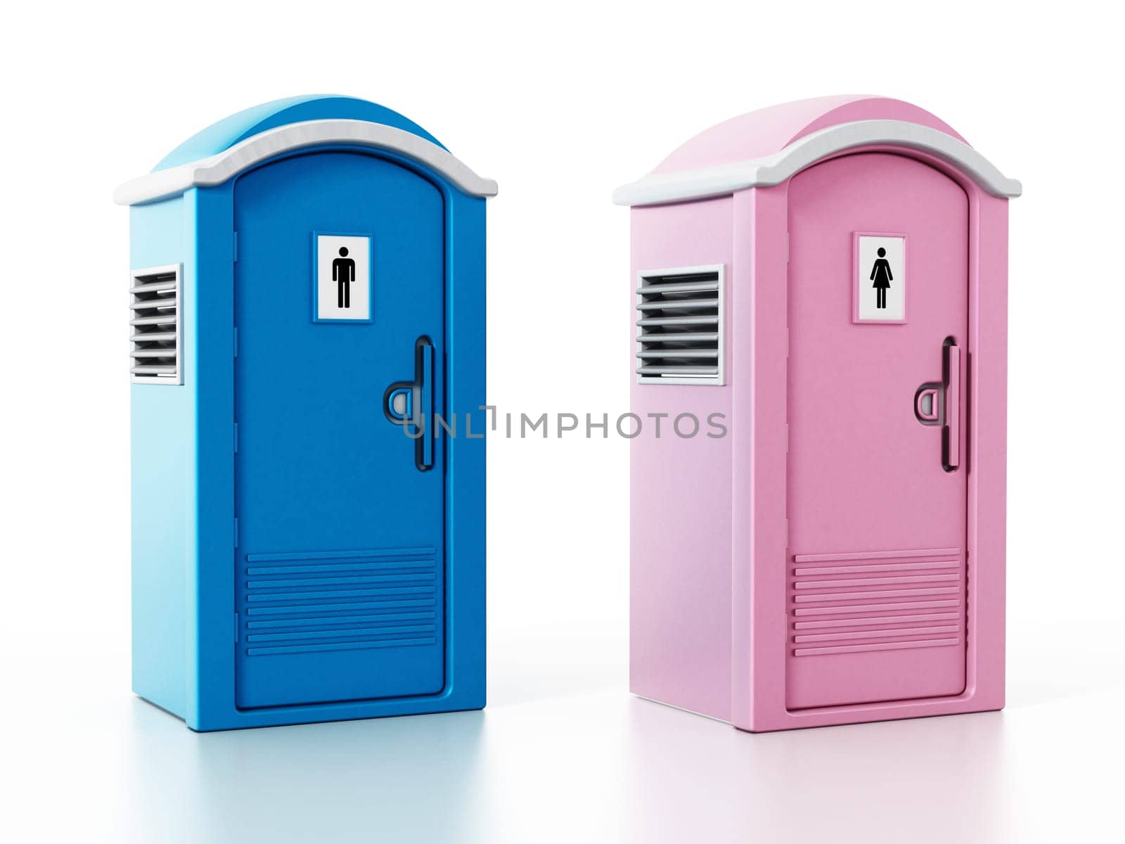 Portable blue men and pink women WCs. 3D illustration.