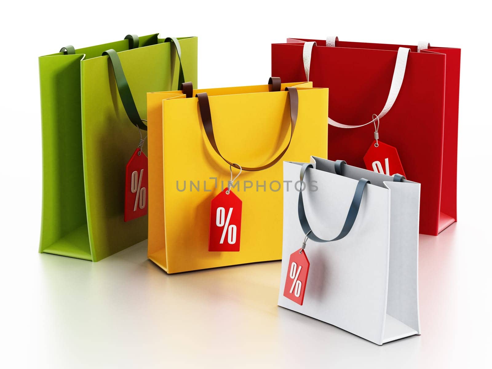 Multi colored shopping bags with sale tags. 3D illustration.
