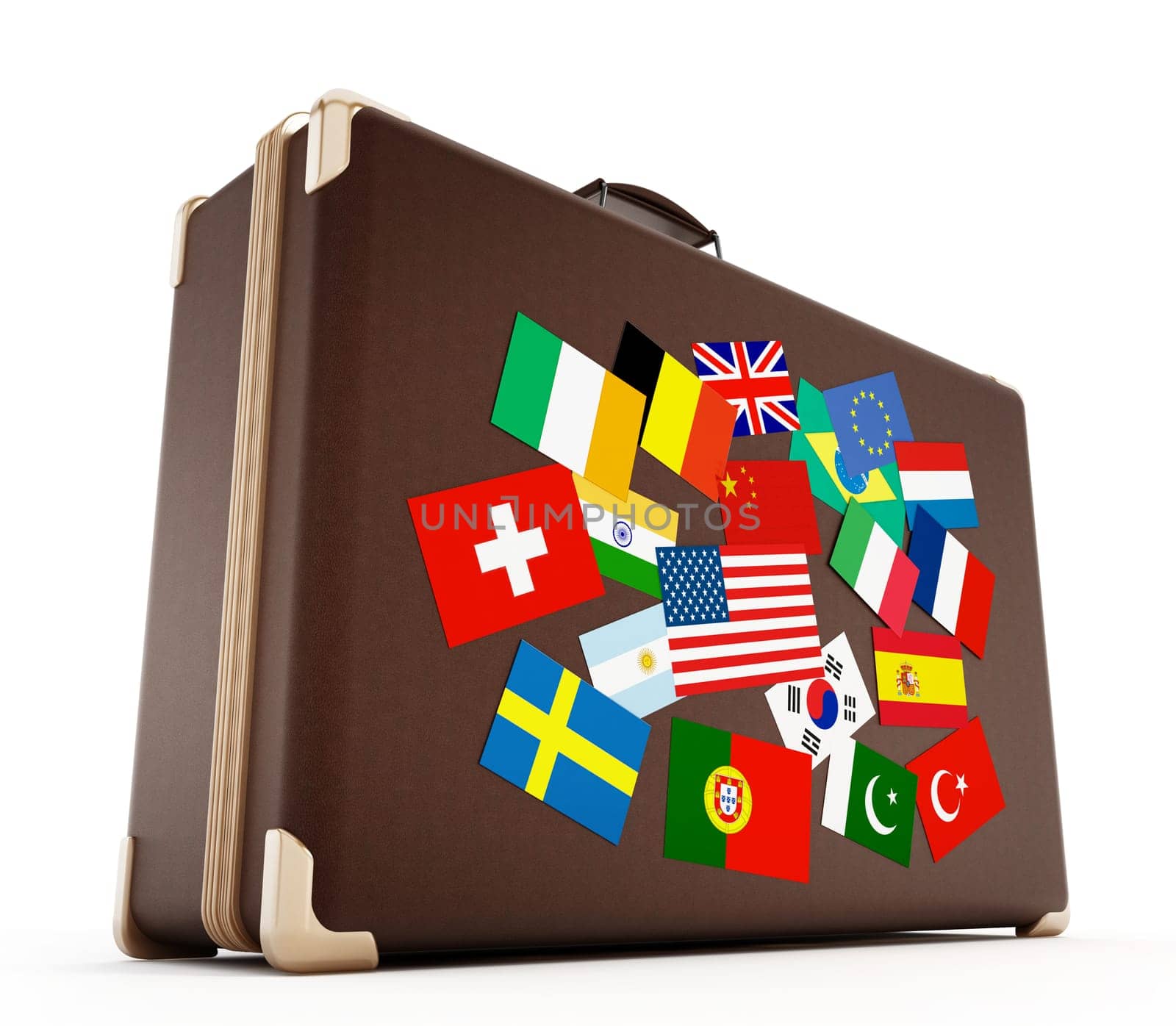 Suitcase with country flags isolated on white background. 3D illustration.