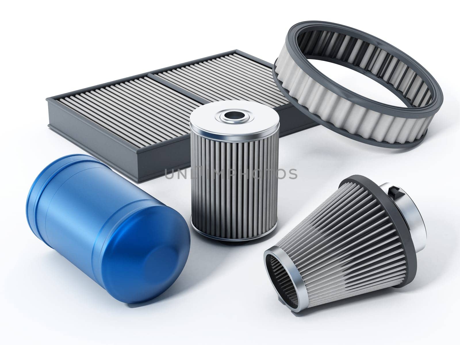 Car spare oil and air filters. 3D illustration.