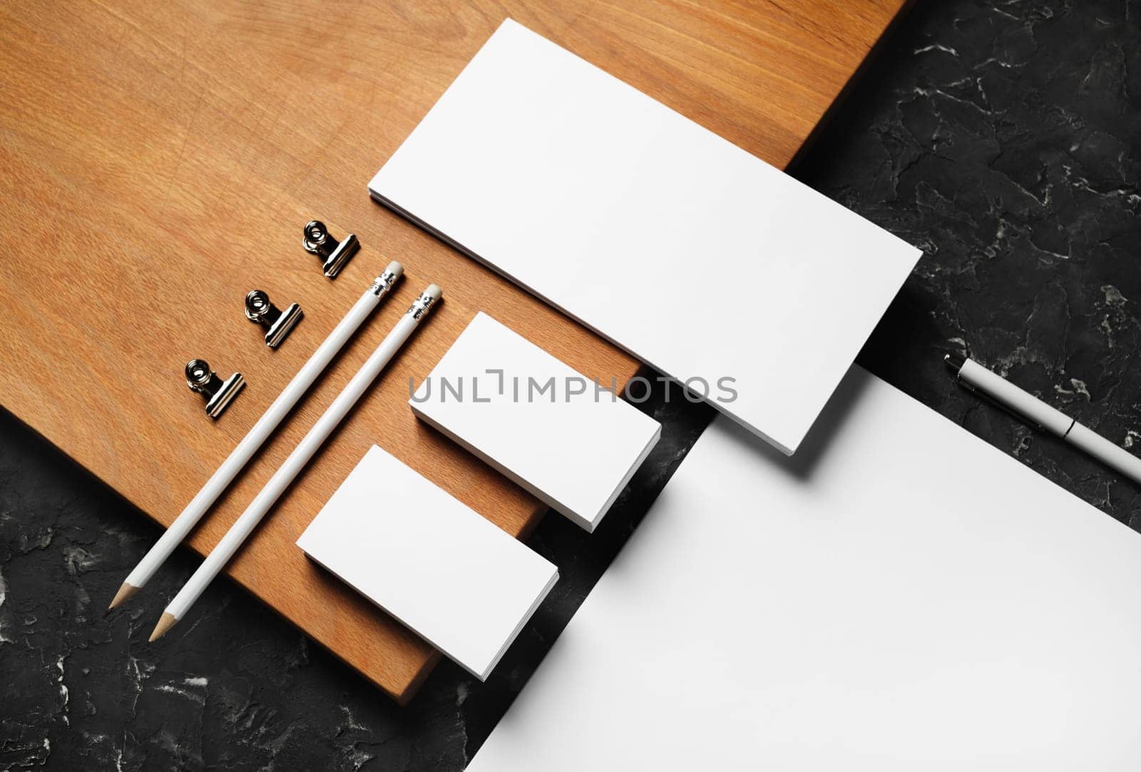 Branding stationery mockup and wooden board. Blank objects for placing your design.