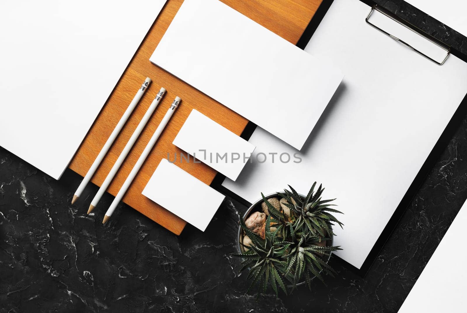 Photo of blank stationery set. Corporate identity template. Responsive design mockup. Flat lay.