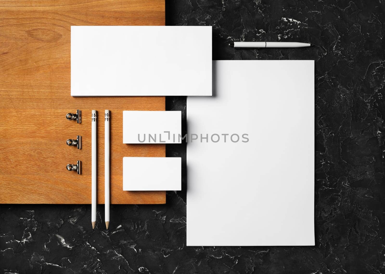 Blank corporate stationery set on wooden board background. Template for branding design. Branding mock up. Flat lay.