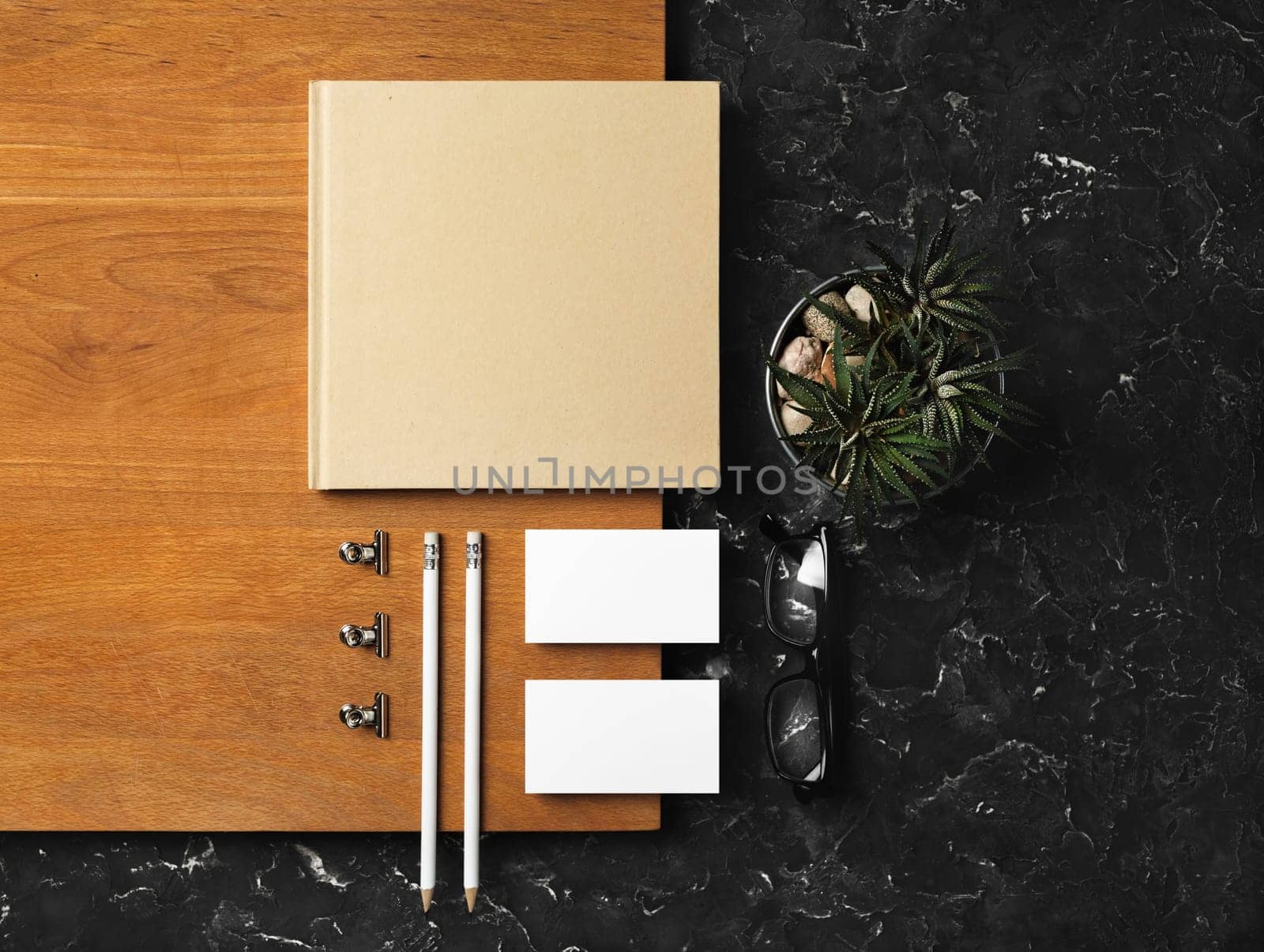 Branding stationery template. Blank corporate identity set and wooden board. Flat lay.