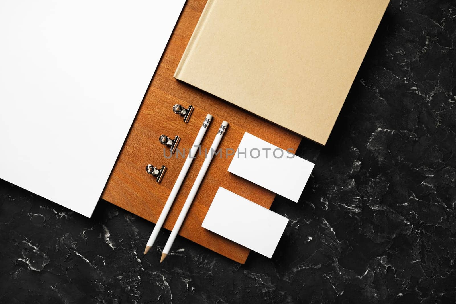 Photo of blank stationery set. Corporate identity template. Responsive design mockup. Flat lay.