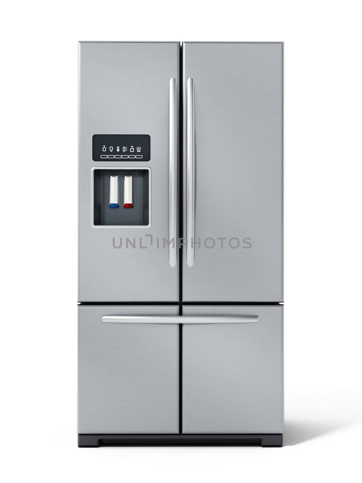 Generic silver refrigerator isolated on white background. 3D illustration.