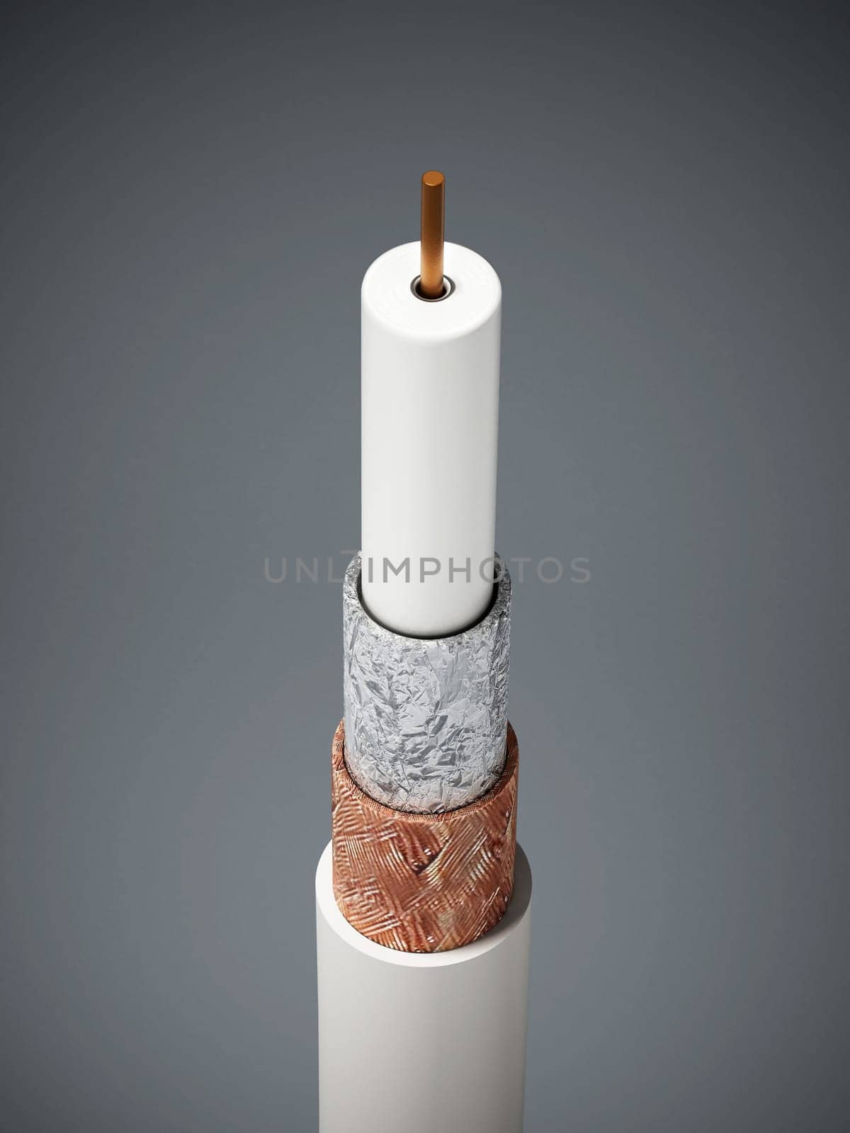 Coaxial cable showing detailed layers. 3D illustration.