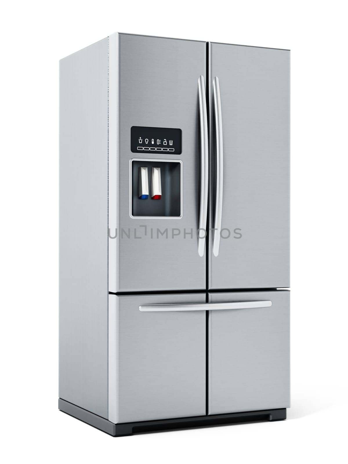 Generic silver refrigerator isolated on white background. 3D illustration.