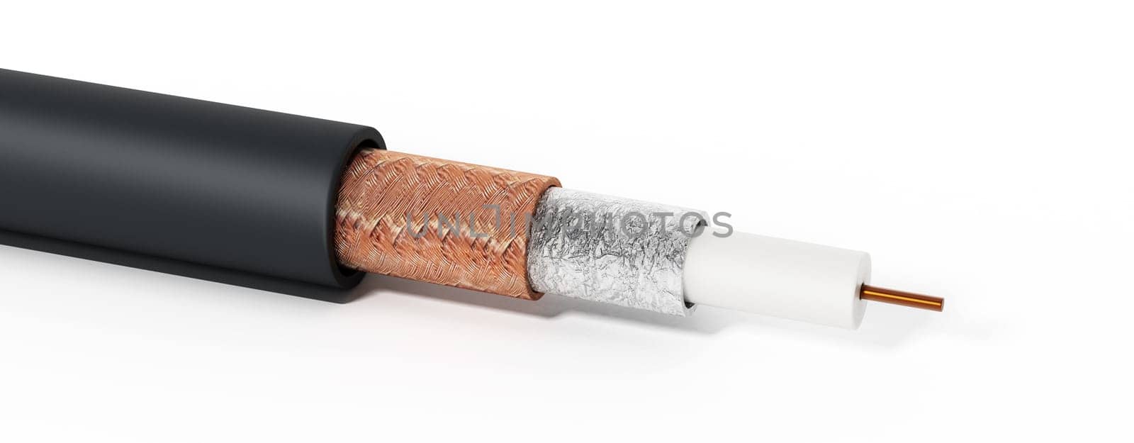 Coaxial cable showing detailed layers. 3D illustration.