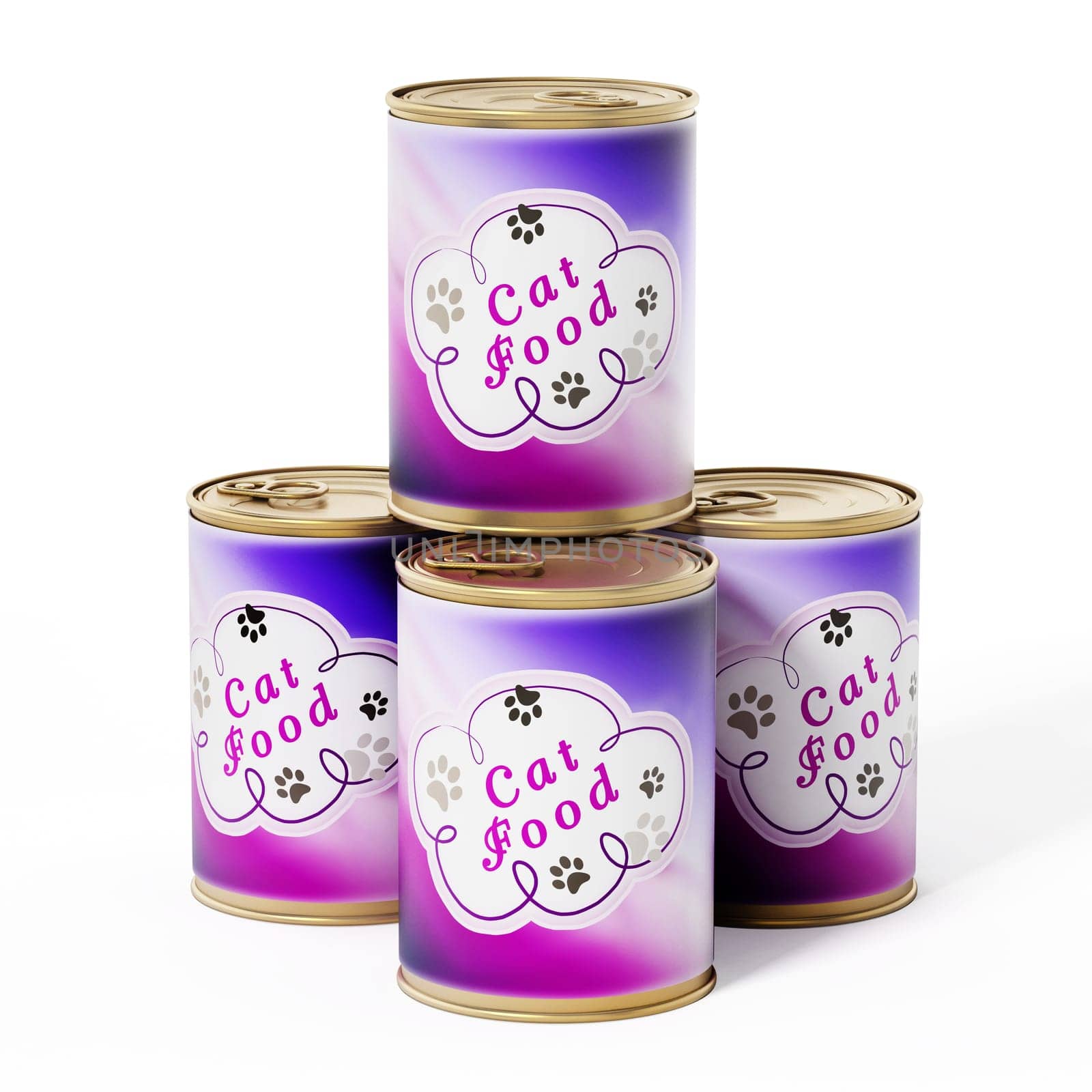 Cat food canisters stack isolated on white background. 3D illustration.