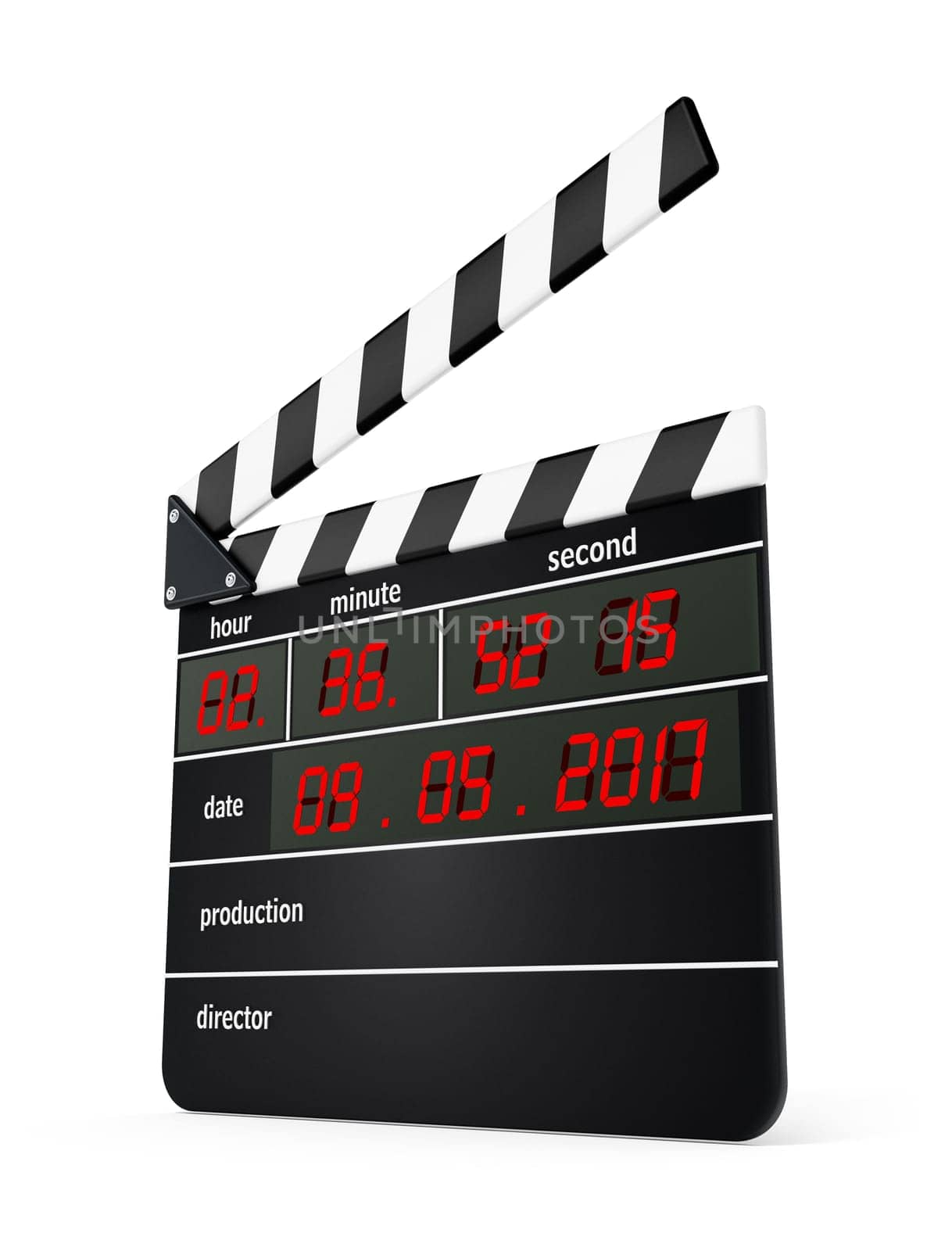Digital clapboard isolated on white background. 3D illustration.