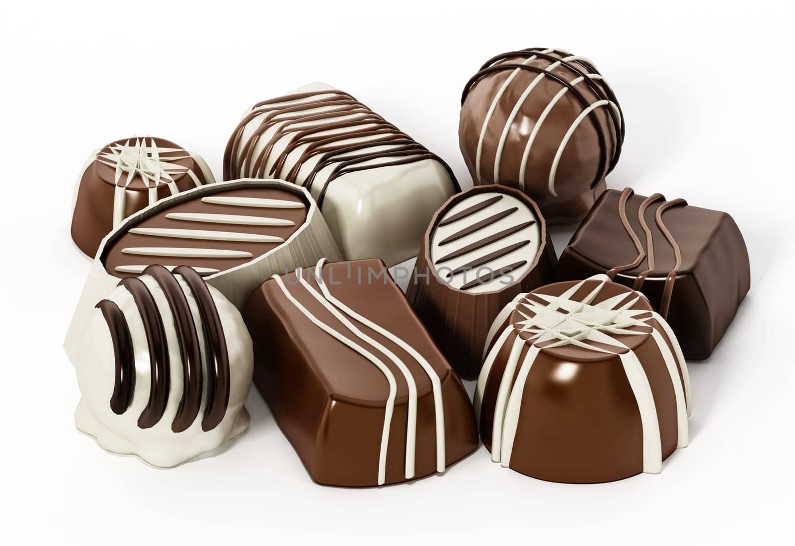 Assorted chocolates isolated on white background. 3D illustration.