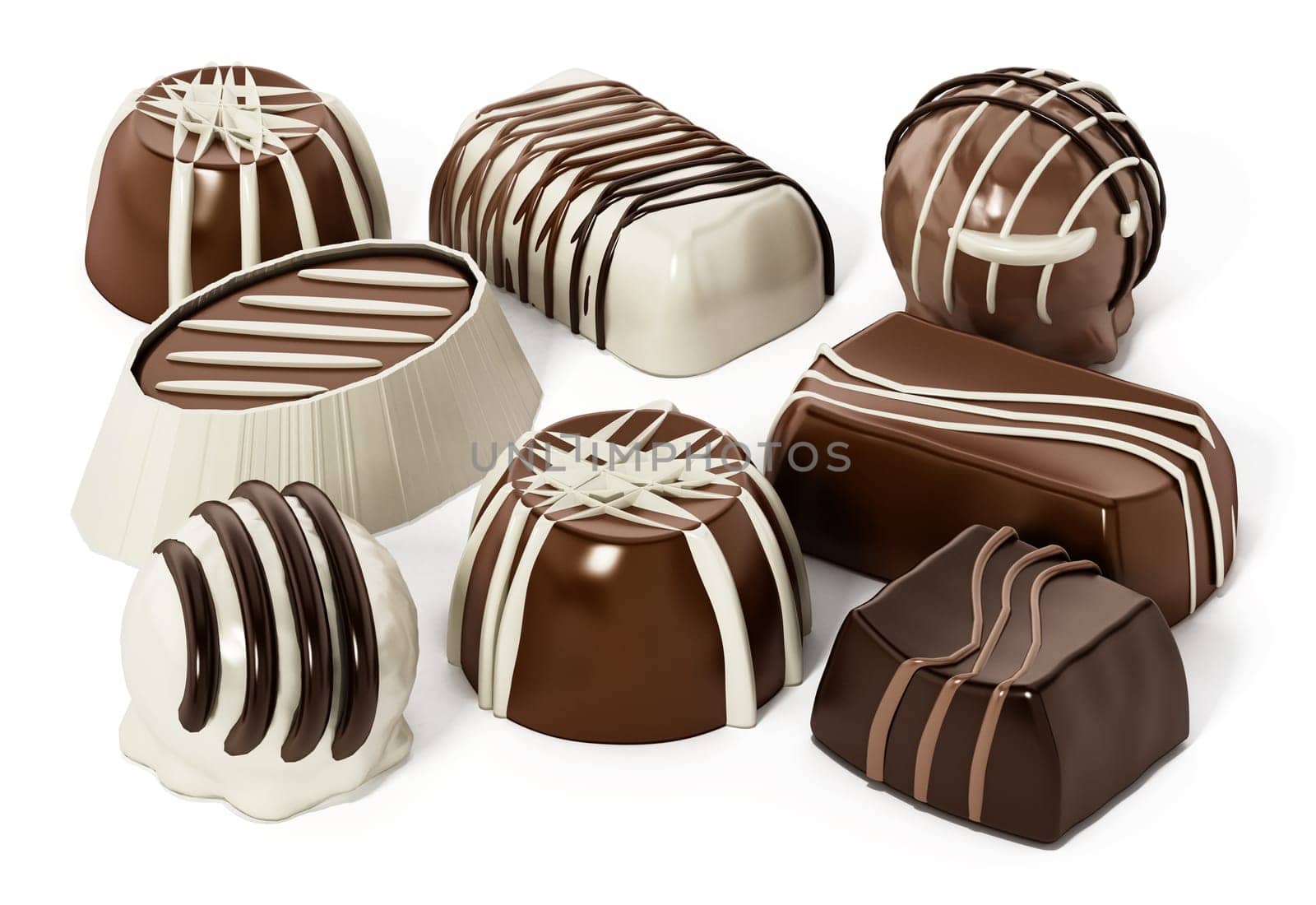 Assorted chocolates isolated on white background. 3D illustration.