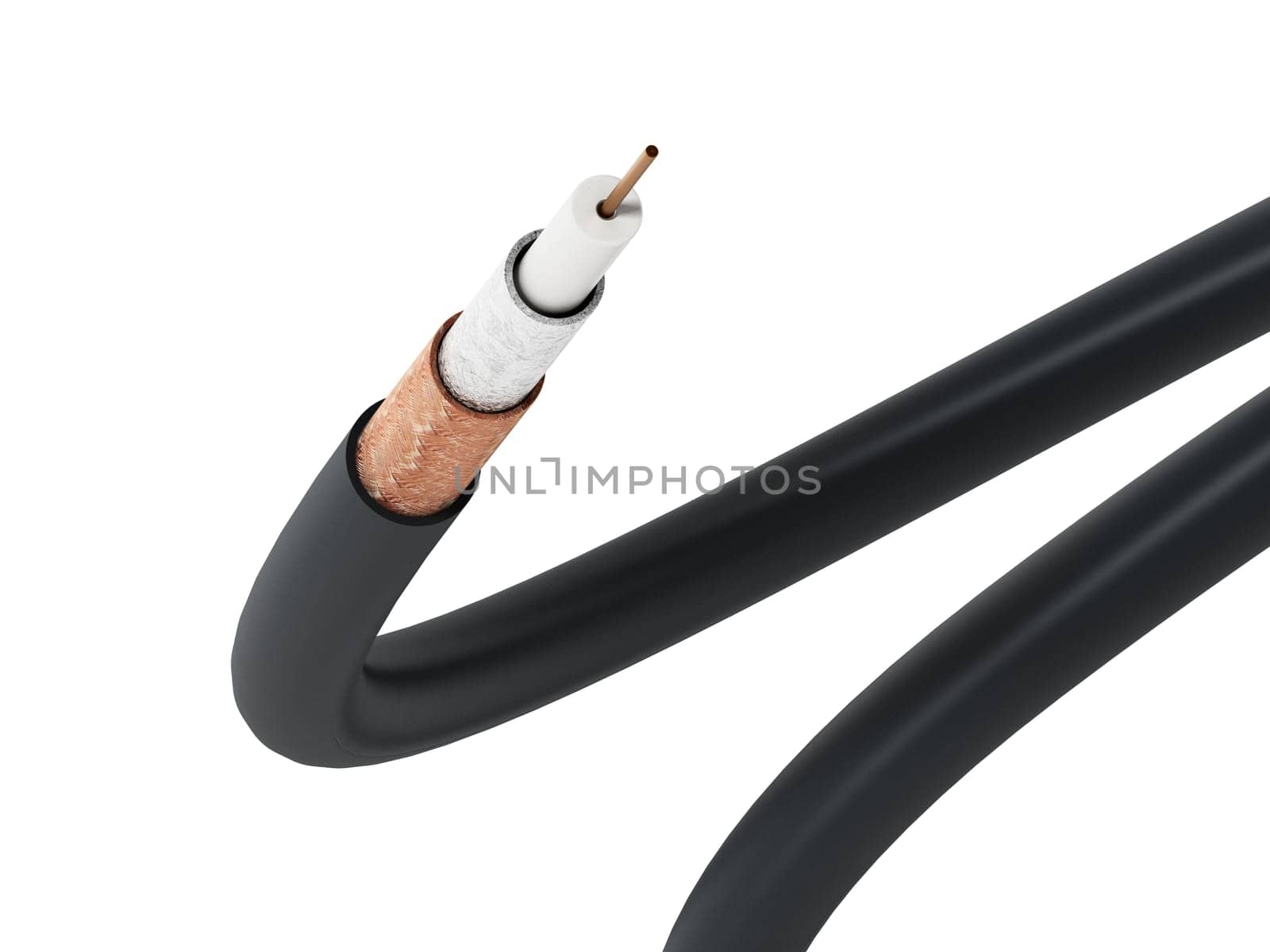 Coaxial cable showing detailed layers. 3D illustration.