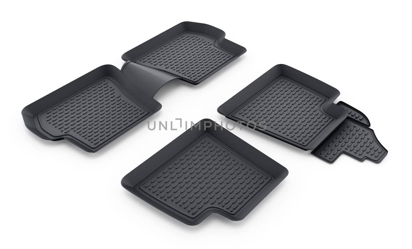 Black rubber car mats isolated on white background. 3D illustration.