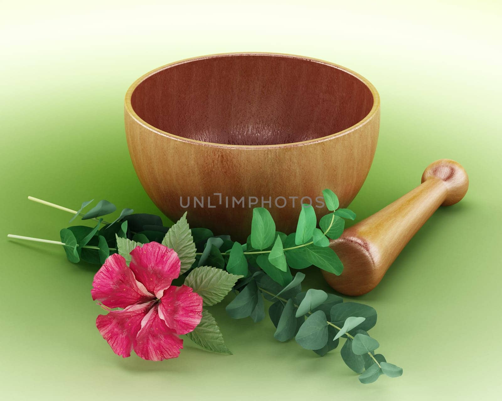 Mortar, pestle and flower isolated on green background. 3D illustration.